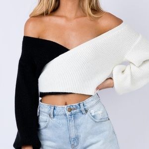 Princess Polly Black and White Wrap Tie Sweater